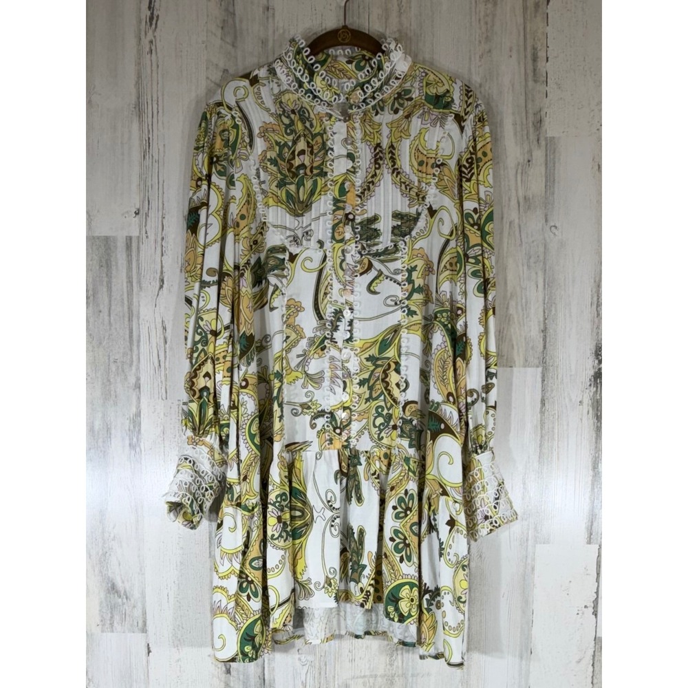 Long Sleeve Mini Dress Size Large Yellow Green Paisley Boho Lace Trim Buttons